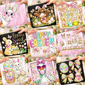 May include: Collection of Easter-themed t-shirts. Designs include a bunny with glasses blowing a bubble, a cow with bunny ears, and a goose wearing sunglasses. Other shirts feature Easter eggs, bunnies, and the text "Happy Easter".