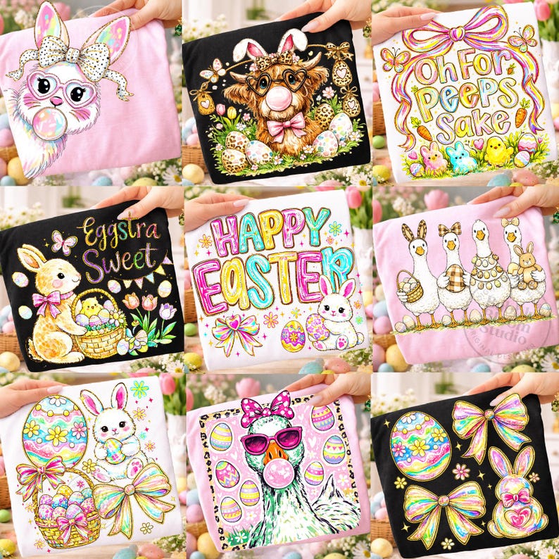 May include: Collection of Easter-themed t-shirts. Designs include a bunny with glasses blowing a bubble, a cow with bunny ears, and a goose wearing sunglasses. Other shirts feature Easter eggs, bunnies, and the text "Happy Easter".