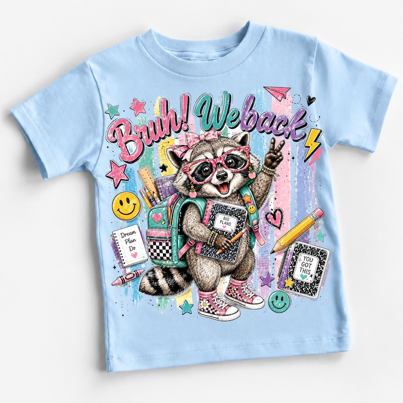 Bruh We Back Png, Mapache de regreso a la escuela PNG, Escuela preppy PNG, Mochila linda de animales PNG, Diseño de sublimación retro para profesor y estudiante imagen 2