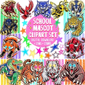 Skolmaskot Clipart PNG-paket, lagandagrafik, trendig färgglad randig bakgrund med stjärnor, matchdagströjadesign, digital nedladdning