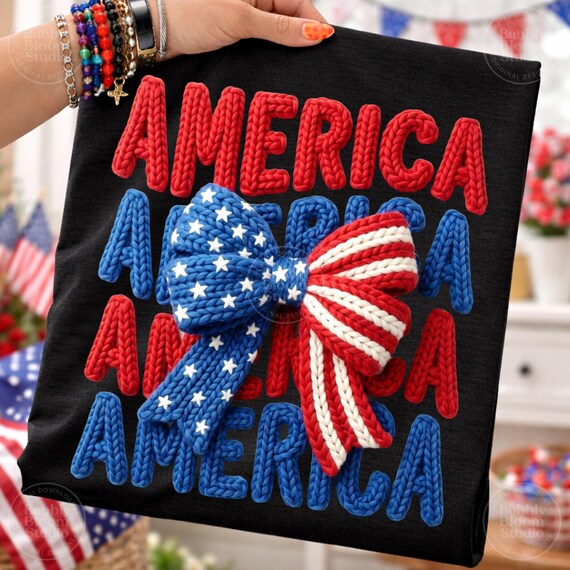 America PNG, Patriotic Bow Design, Faux Yarn 4th Of July Shirt Graphic, USA Coquette Style Sublimation