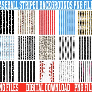 Peut inclure: Fichiers PNG numériques avec des arrière-plans à rayures sur le thème du baseball. Les motifs comprennent des étoiles noires et blanches, des coutures de baseball, des rayures rouges, des rayures bleues et des motifs léopard. Le texte "BASEBALL STRIPED BACKGROUNDS PNG FILES" est en haut.