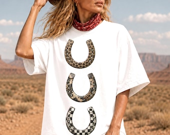 Western Horseshoe PNG, Leopard Checkered Cowgirl Design, Trendy Rodeo Sublimation PNG, Country Western Shirt Graphic