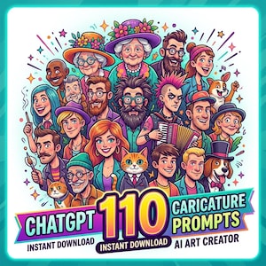 ChatGPT-Karikatur-Prompts, 110 AI-Avatar-Prompts. ChatGPT Spickzettel, Digital AI Guide, AI Portrait Prompt Vault