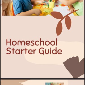 May include: Image of children and an adult at a table, engaged in an art activity. The image includes the text "Homeschool Starter Guide" and "About Me". The image also shows a family photo.