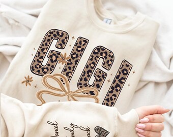 Custom Leopard Gigi Sweatshirt With Kid Name On Sleeve, Personalized Grandmother Sweatshirt, , Christmas Gift for Gigi , Mothers Day Gift