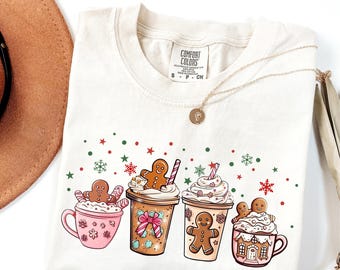 Camiseta navideña de café y jengibre Comfort Colors®, camiseta navideña con café con leche, camiseta navideña festiva, camiseta navideña para amantes del café, camiseta navideña