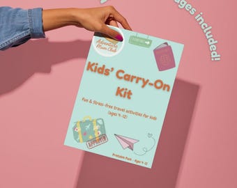 May include: A light blue printable Kids' Carry-On Kit with travel-themed illustrations, including a suitcase and passport. The kit, designed for ages 4-12, promises fun and stress-free travel activities. The text reads "20 Printable Pages included!"