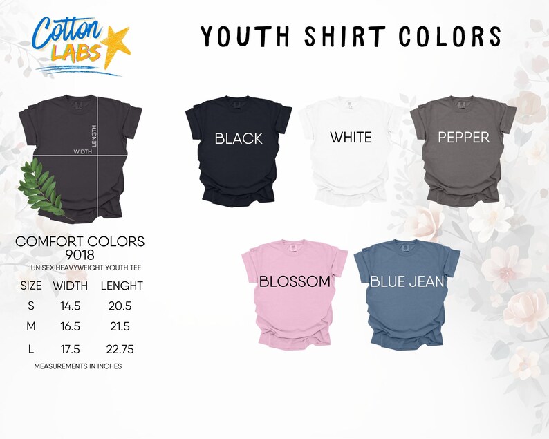 May include: A display of youth t-shirts in various colors: black, white, pepper, blossom, and blue jean. The image also includes a size chart with measurements in inches for small, medium, and large sizes of the unisex heavyweight youth tee.