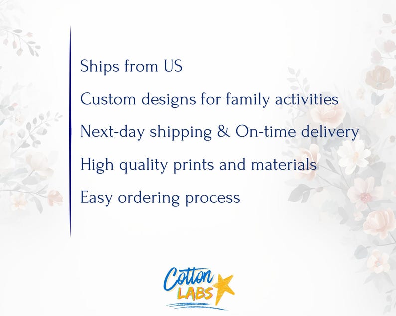 May include: White background with text: "Custom designs for family activities", "High quality prints and materials", and "Easy ordering process". The Cotton Labs logo is at the bottom, with floral accents.