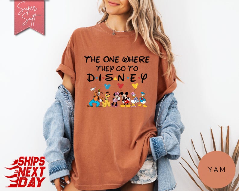 K&ouml;nnte beinhalten: Ein rostfarbenes T-Shirt mit dem Text "The One Where They Go To Disney" in Schwarz, wobei das Wort "Disney" in einer verspielten Schriftart gehalten ist. Darunter befinden sich Zeichentrickfiguren wie Mickey und Minnie Maus. Das Shirt hat hochgekrempelte &Auml;rmel.