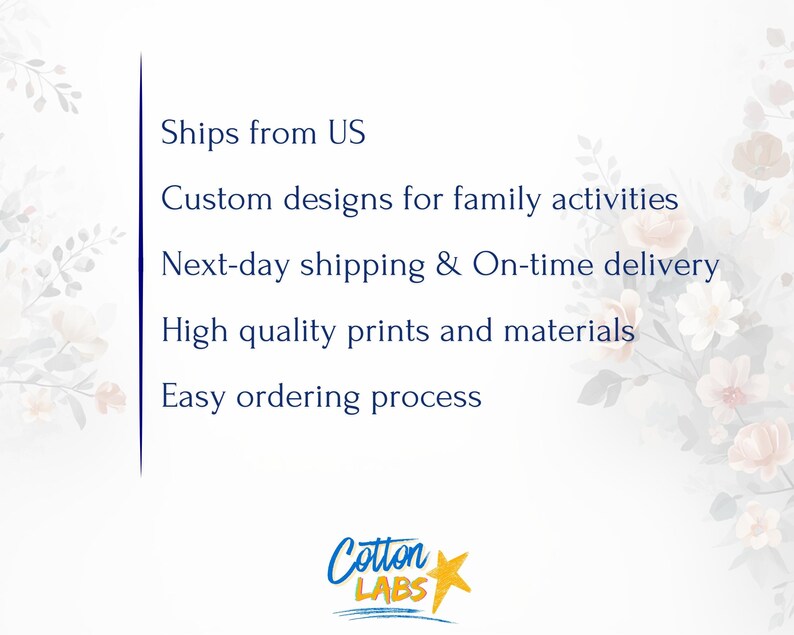 May include: A white informational graphic featuring dark blue text that reads: Custom designs for family activities, Next-day shipping & On-time delivery, High quality prints and materials, Easy ordering process. The Cotton Labs logo is at the bottom.