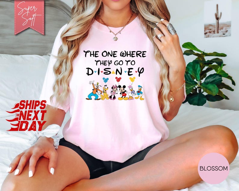 K&ouml;nnte beinhalten: Hellrosa T-Shirt mit dem schwarzen Schriftzug "THE ONE WHERE THEY GO TO DISNEY". Darunter Cartoonfiguren wie Goofy, Pluto, Minnie, Mickey, Donald und Daisy. Das T-Shirt ist aus weichem Material.