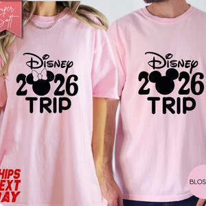 May include: Two light pink t-shirts with black text and graphics. One shirt features a Minnie Mouse design with a bow, the other a Mickey Mouse design. Both shirts read "Disney 2026 TRIP".