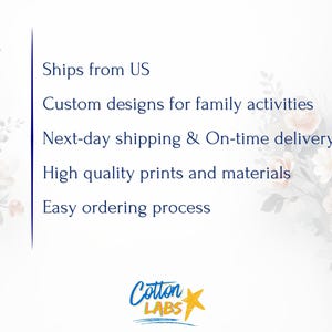 May include: White background with text: "Custom designs for family activities", "High quality prints and materials", and "Easy ordering process". The Cotton Labs logo is at the bottom, with a floral design in the upper right corner.