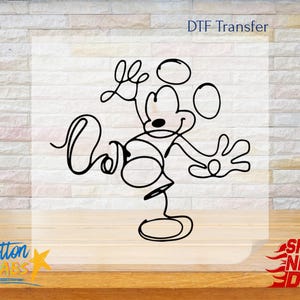 May include: Black line art DTF transfer of Mickey Mouse. The design features a continuous line drawing of Mickey Mouse with the word "Love" incorporated into the design. The transfer is on a white background with the words "DTF Transfer" at the top.