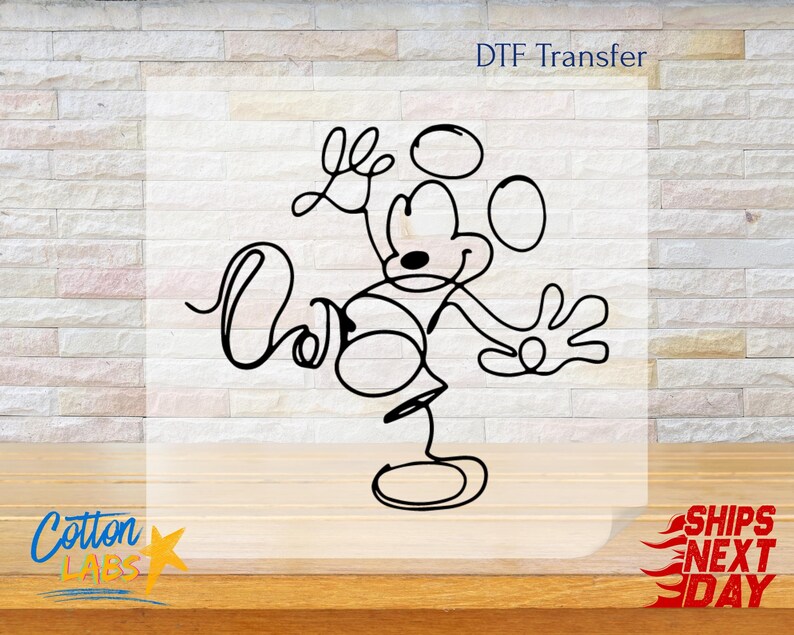 May include: Black line art DTF transfer of Mickey Mouse. The design features a continuous line drawing of Mickey Mouse with the word "Love" incorporated into the design. The transfer is on a white background with the words "DTF Transfer" at the top.