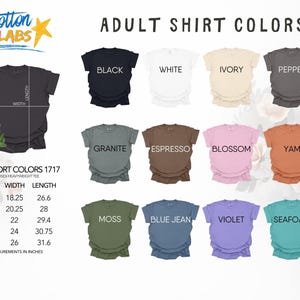 May include: A colour chart for Comfort Colors 1717 t-shirts featuring eleven colour options: black, white, ivory, pepper, granite, espresso, blossom, yam, moss, blue jean, violet, and seafoam. Includes a size chart with width and length in inches.