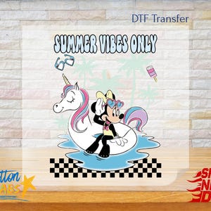 May include: A DTF transfer sheet featuring a cartoon mouse wearing heart-shaped sunglasses and a yellow bow, sitting on a white unicorn pool float in blue water. The text reads SUMMER VIBES ONLY, accompanied by palm trees, sunglasses, and a popsicle.