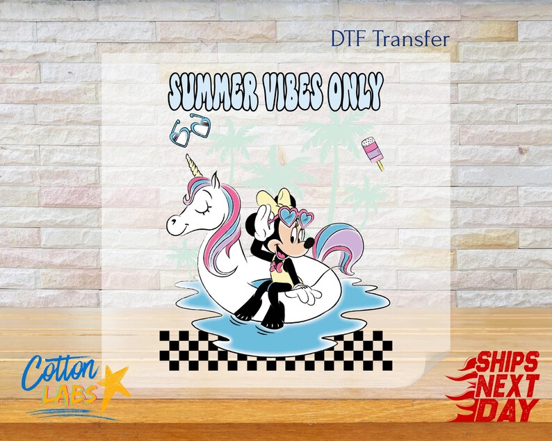 May include: A DTF transfer sheet featuring a cartoon mouse wearing heart-shaped sunglasses and a yellow bow, sitting on a white unicorn pool float in blue water. The text reads SUMMER VIBES ONLY, accompanied by palm trees, sunglasses, and a popsicle.