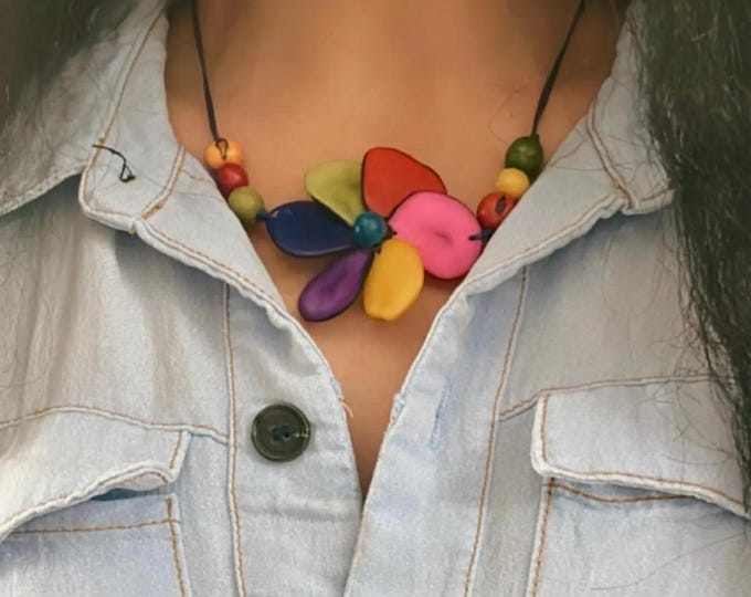 Colorful Tagua Nut Flower Pendant Necklace,  Adjustable Boho Chic Jewelry