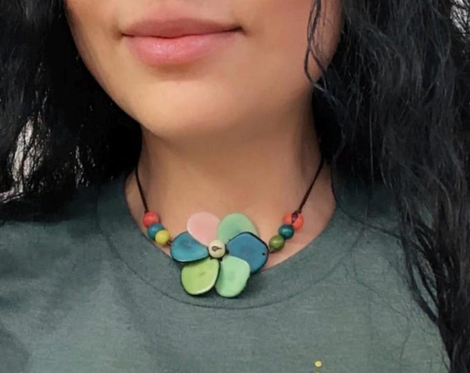 Colorful Tagua Nut Flower Pendant Necklace,  Adjustable Boho Chic Jewelry