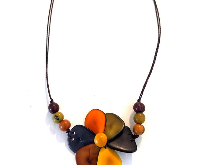 Colorful Tagua Nut Flower Necklace,  Adjustable Boho Chic Jewelry