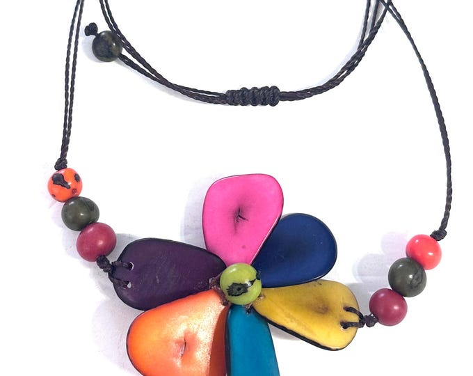 Colorful Tagua Nut Flower Necklace,  Adjustable Boho Chic Jewelry