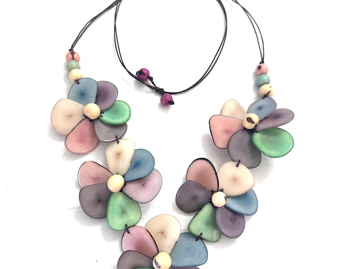 Tagua Flowers Adjustable Necklace/ Boho Jewelry / Tagua Jewelry / Turquoise Flowers Necklace, Boho chic