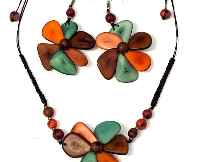 Tagua Nut Flower Necklace and Matching Earrings,  Adjustable Boho Chic Jewelry