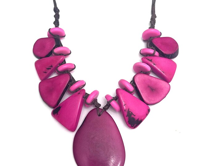 Tagua Nut Pendant Necklace, Fuchsia Boho Statement Jewelry