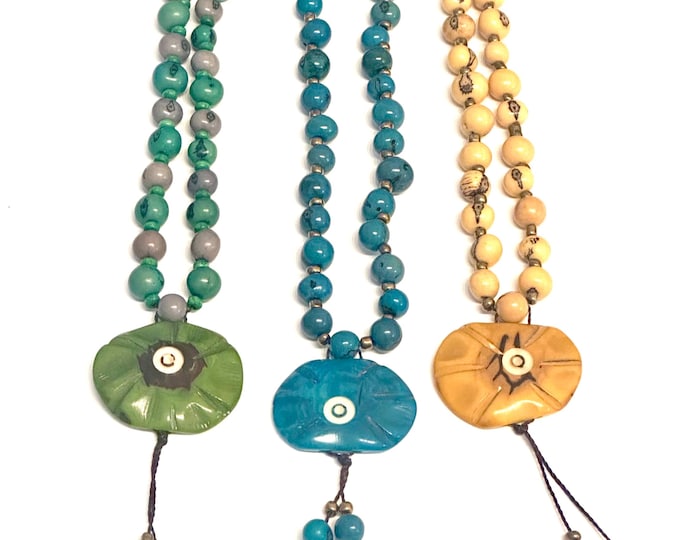 Acai Seed & Tagua Nut Flower Pendant Necklace, Adjustable Boho Jewelry