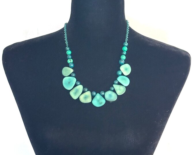 Teal Tagua Nut Pendant and Açaí Seed Necklace (Adjustable).