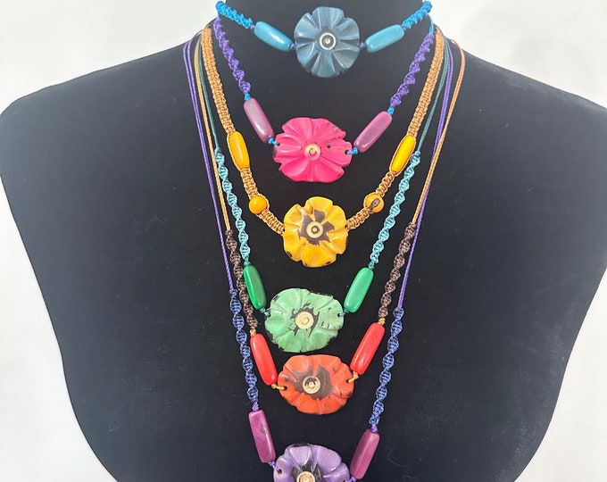 Adjustable Tagua Nut Pendant Necklace, Eco Fashion, Eco Friendly, Boho Jewelry, Flower Cord Chocker