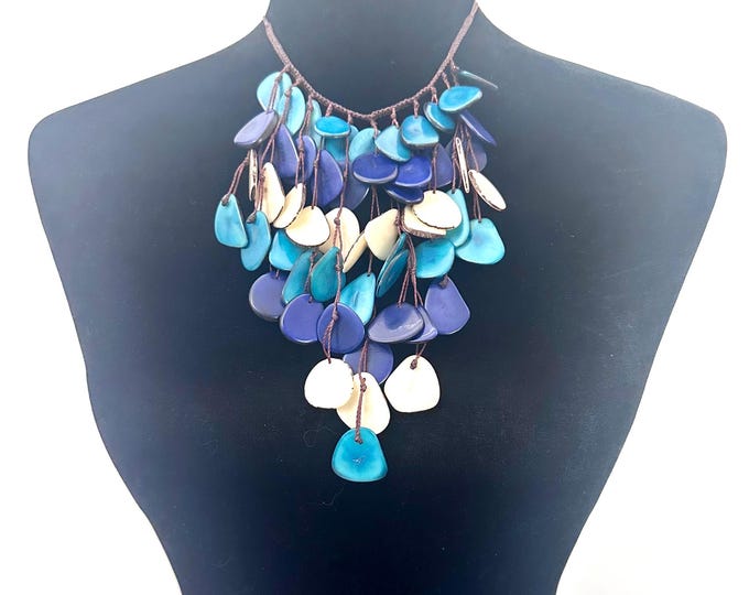 Handmade Tagua Nut Bib Necklace: Turquoise, Blue, Beige