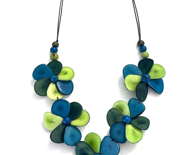 Tagua Flowers Adjustable Necklace/ Boho Jewelry / Tagua Jewelry / Turquoise Flowers Necklace, Boho chic