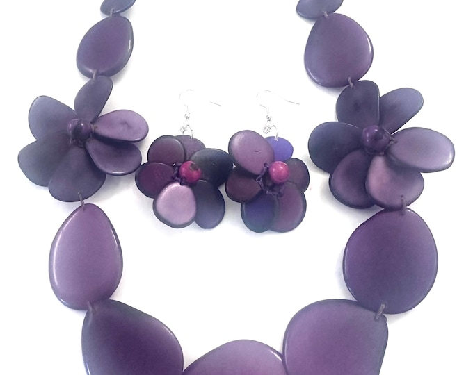 Tagua Flower Necklace and Earrings Set | Adjustable Boho Statement Jewelry