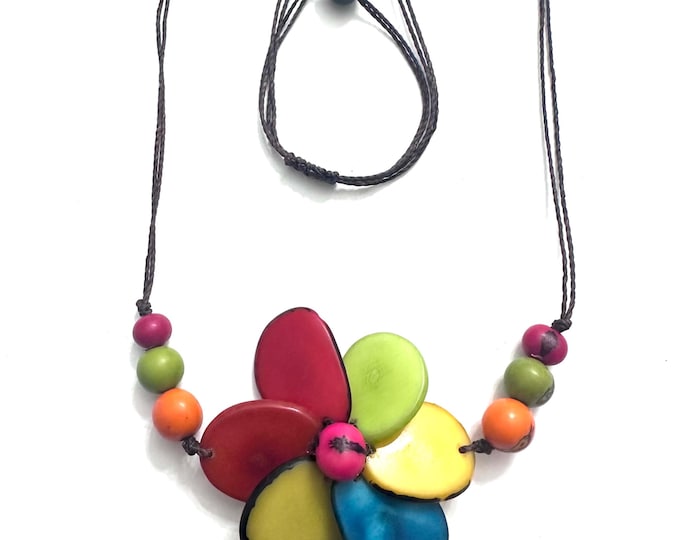 Colorful Tagua Nut Flower Necklace and Matching Earrings,  Adjustable Boho Chic Jewelry