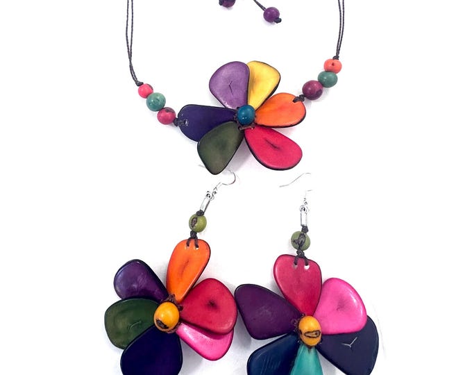 Colorful Tagua Nut Flower Necklace and Matching Earrings,  Adjustable Boho Chic Jewelry