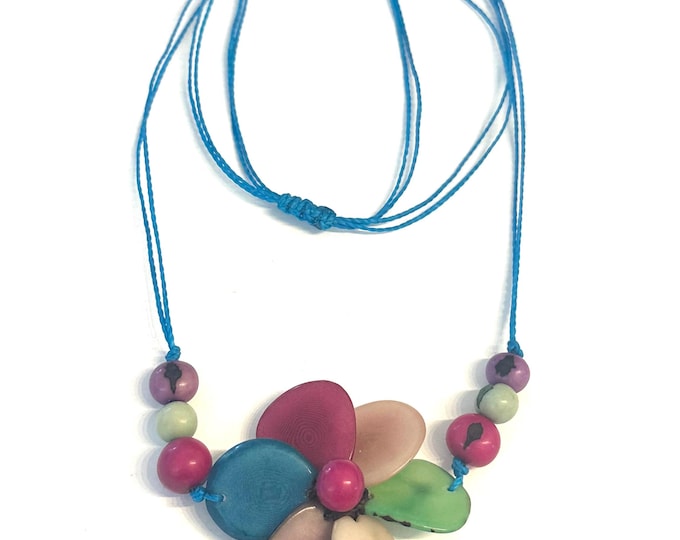 Colorful Tagua Nut Flower Pendant Necklace,  Adjustable Boho Chic Jewelry