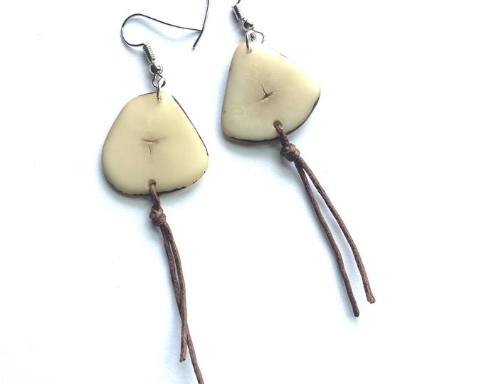 Sliced Tagua Nut Earrings, Sustainable Boho Chic, Silver Toned Wire
