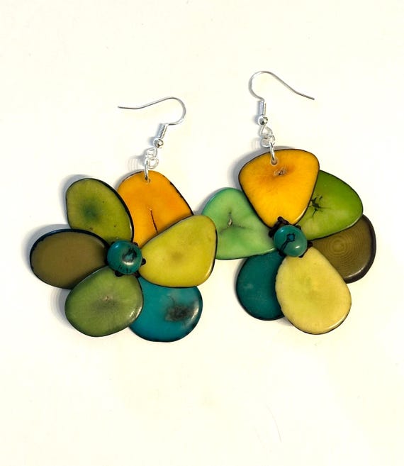 Tagua-Nut Earrings, Flower Design, Tagua Jewelry, Eco-Fashion, Eco-Friendly