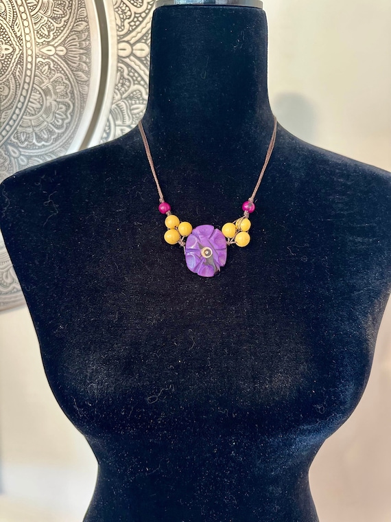 Adjustable Tagua Nut Pendant Necklace, Eco Fashion, Eco Friendly, Boho Jewelry, Flower Cord Chocker