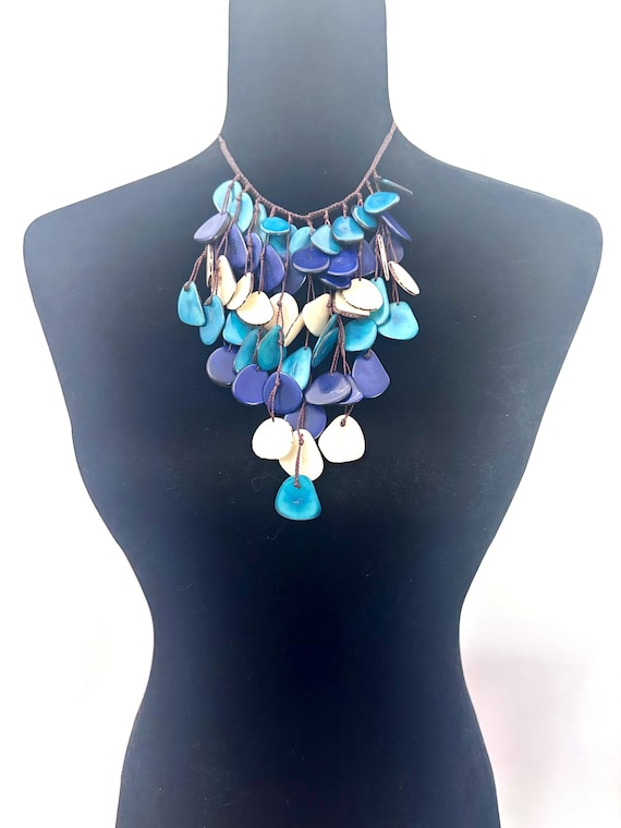 Handmade Tagua Nut Bib Necklace: Turquoise, Blue, Beige