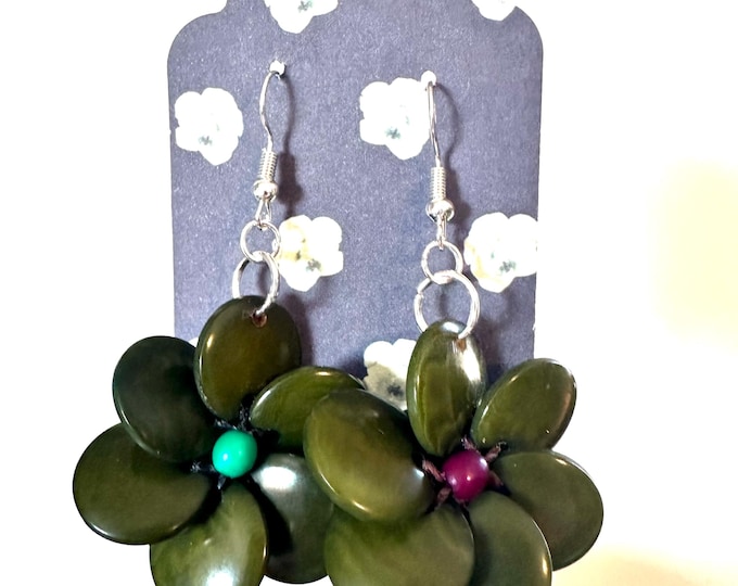 Tagua-Nut Earrings, Flower Design, Tagua Jewelry, Eco-Fashion, Eco-Friendly