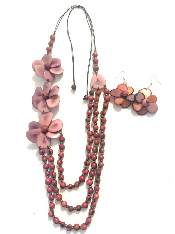 Flower Tagua and Acai Seed Necklace with Matching Earrings | Adjustable Boho Statement Jewelry
