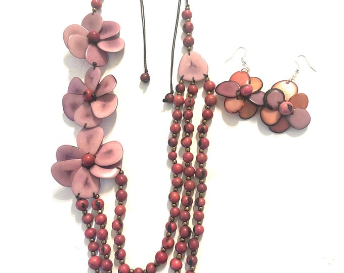 Flower Tagua and Acai Seed Necklace with Matching Earrings | Adjustable Boho Statement Jewelry
