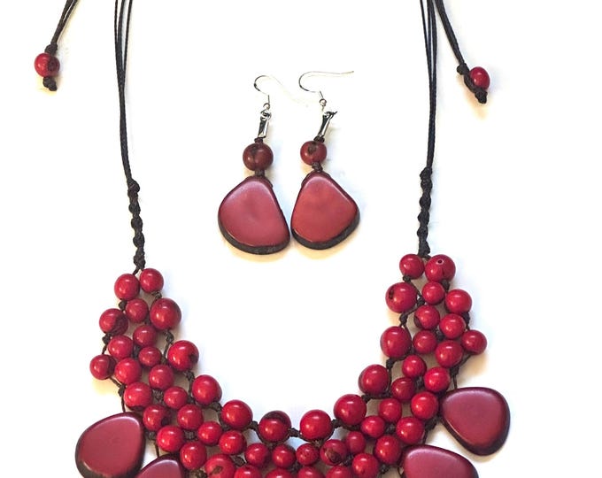 Red Tagua Nut Bib Necklace and Earrings Set- Boho Statement Jewelry
