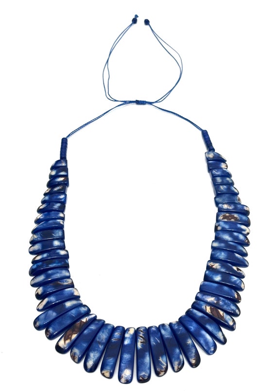 Blue Tagua Bib Necklace, Boho Statement Jewelry