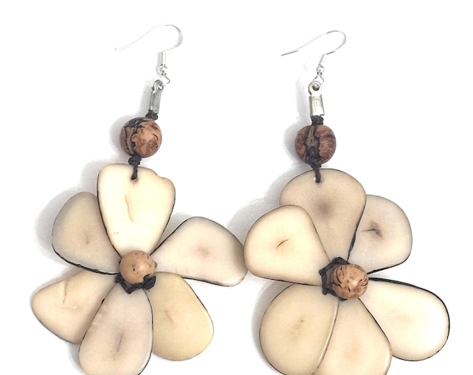 Beige Tagua-Nut Earrings, Flower Design, Tagua Jewelry, Eco-Fashion, Eco-Friendly